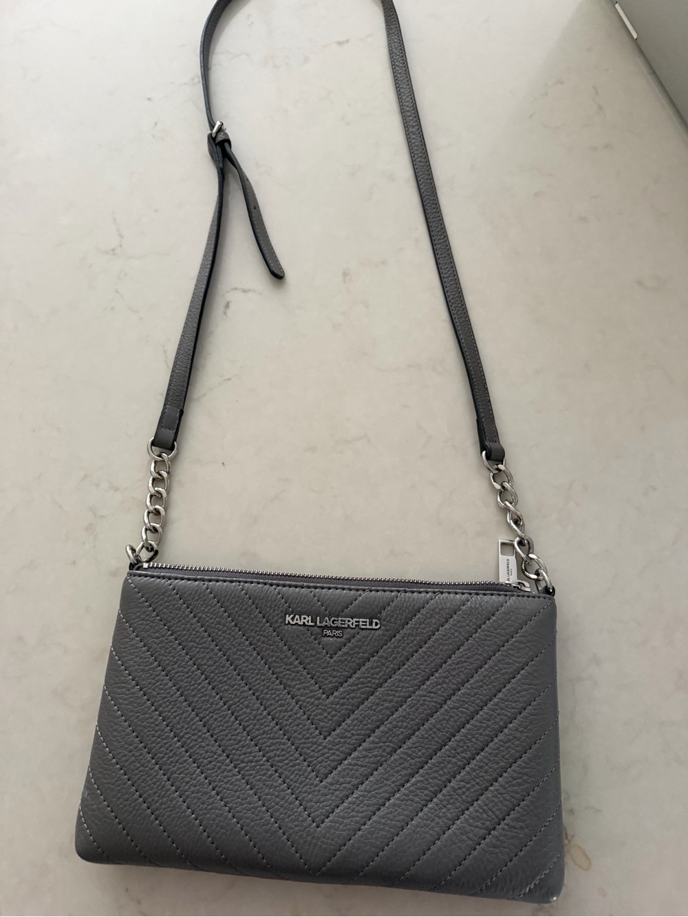 Karl Lagerfeld Quilted Chevron Gray Crossbody with Chain Strap